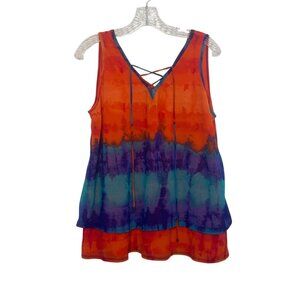 Worthington Tie Dye Sleeveless Tunic Top Womens Large Orange Blue Crisscross